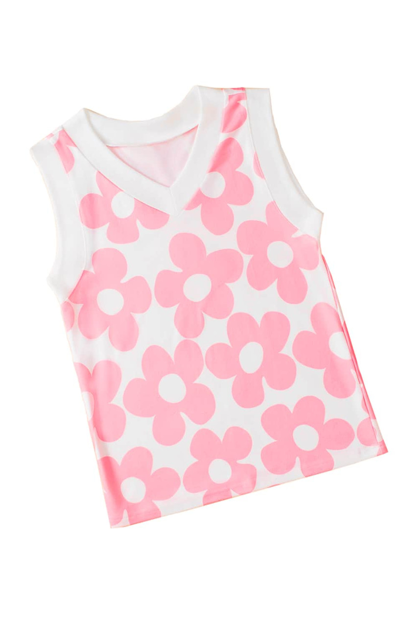 Pink Cute Flower Knitted V Neck Tank Top