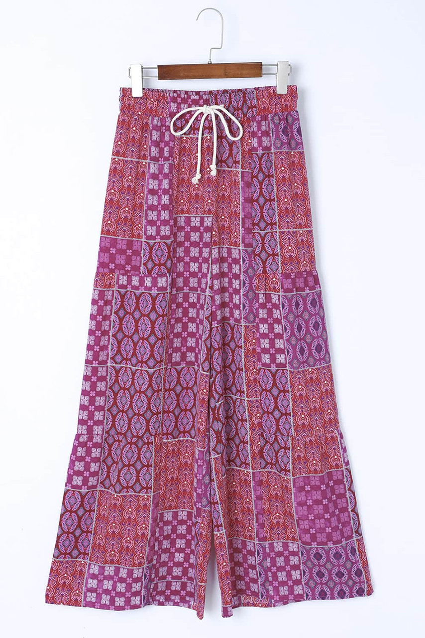 Purple Boho Patchwork Print Drawstring Wide Leg Pants