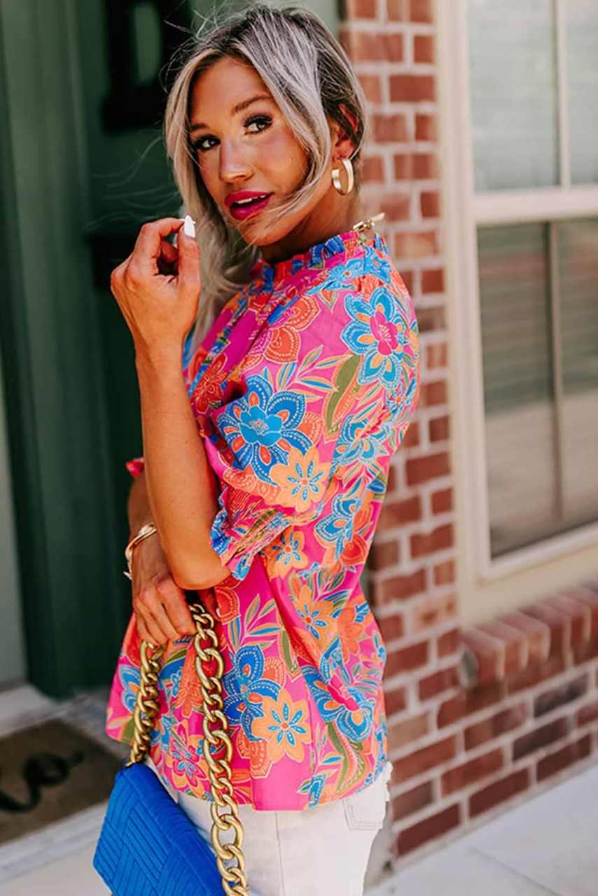 Rose Frilly Mock Neck Short Puff Sleeve Floral Blouse Rose Frilly Mock Neck Short Puff Sleeve Floral Blouse
