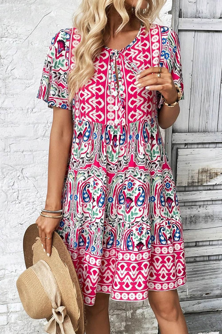 Pink Bohemian Print Tie Neck Ruffle Hem Short Dress