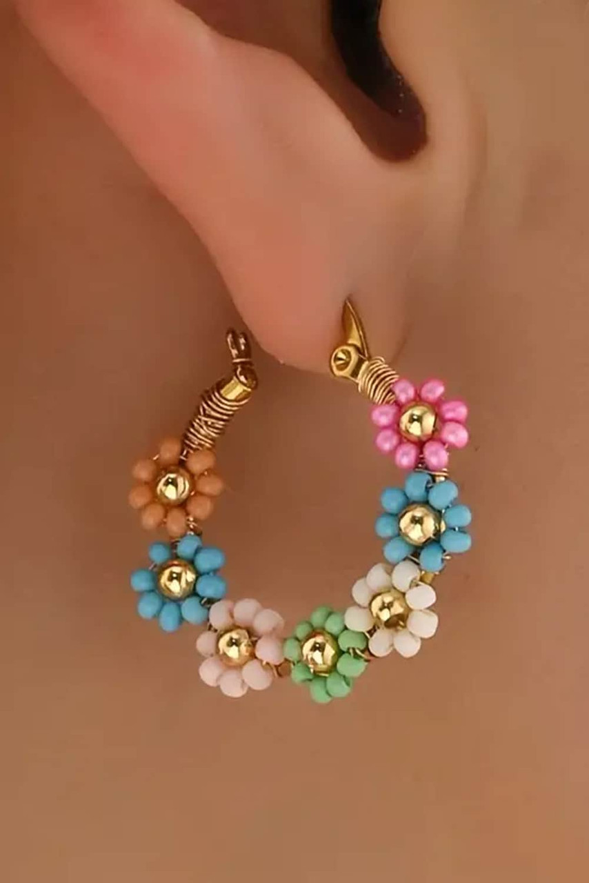 Pink Colorful Flower Hoop Earrings