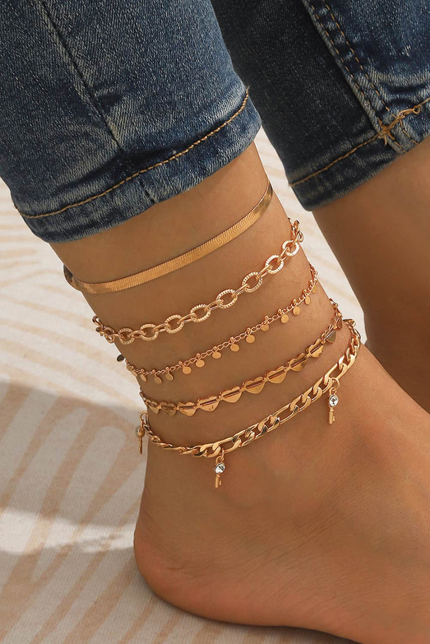 Gold Sweet Heart Rhinestone Dangle 5-piece Anklets