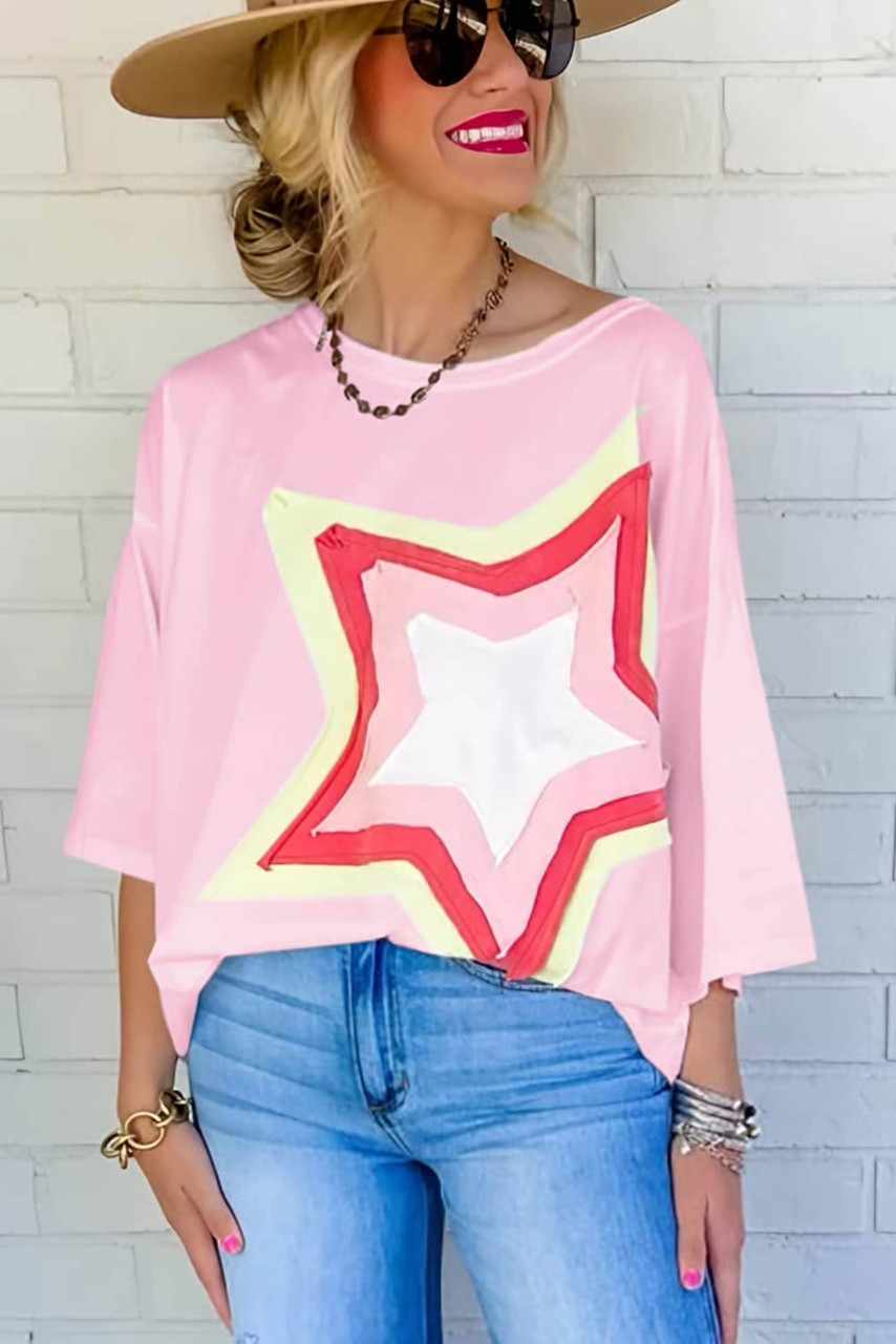 Light Pink Colorblock Star Patched Half Sleeve Oversized Tee