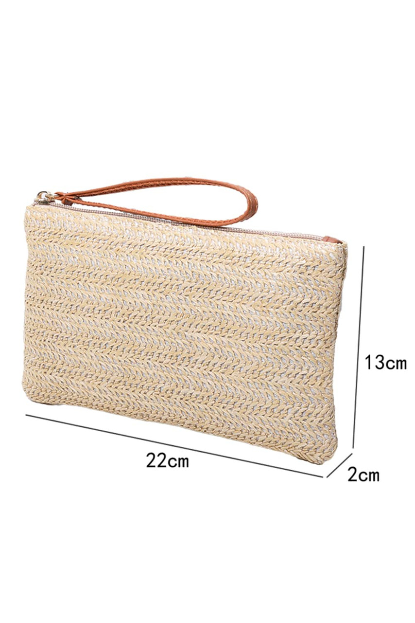 Oatmeal Straw Woven Wrist Strap Zipper Large Wallet