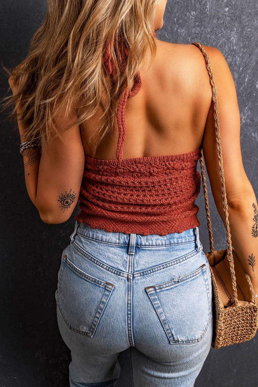 Red Clay Knit Crochet Halter Neck Backless Tank Top