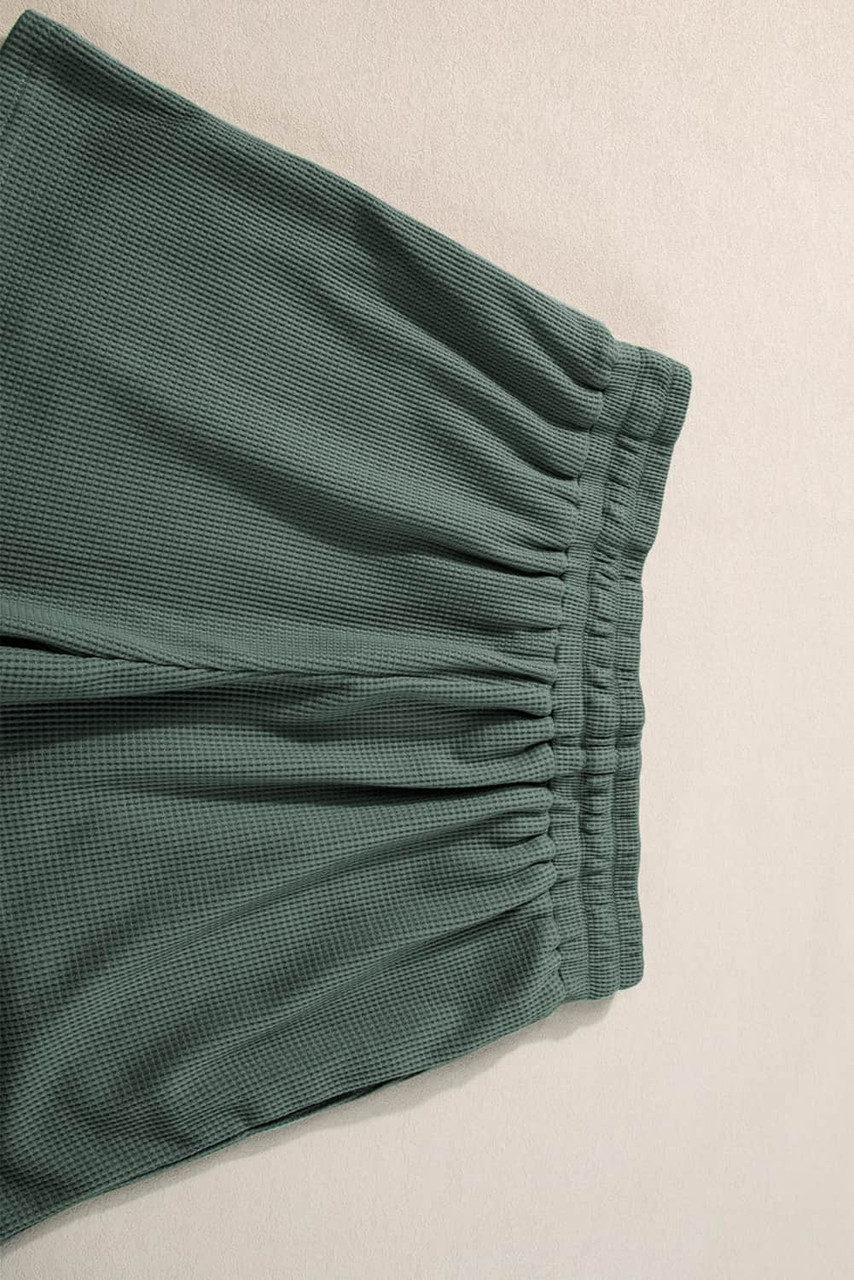 Mist Green Waffle Knit Patched Pocket Tank and Drawstring Shorts Set