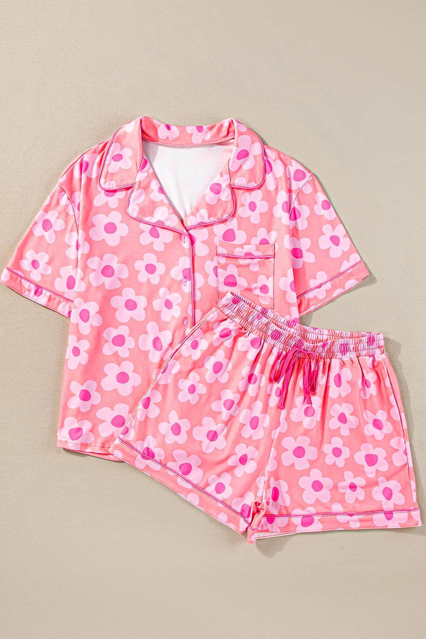 Pink Flower Print Short Sleeve Shirt Pajamas Set