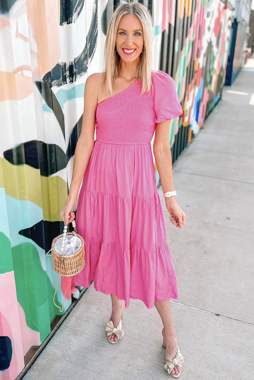 Strawberry Pink Asymmetric Puff Sleeve Smocked Bodice Tiered Midi Dress