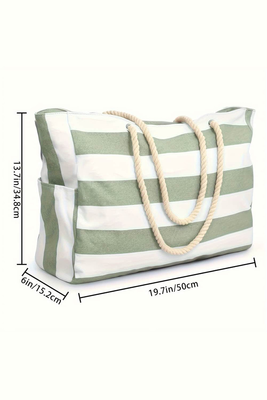 Grass Green Striped Rope Handle Canvas Large Tote Bag