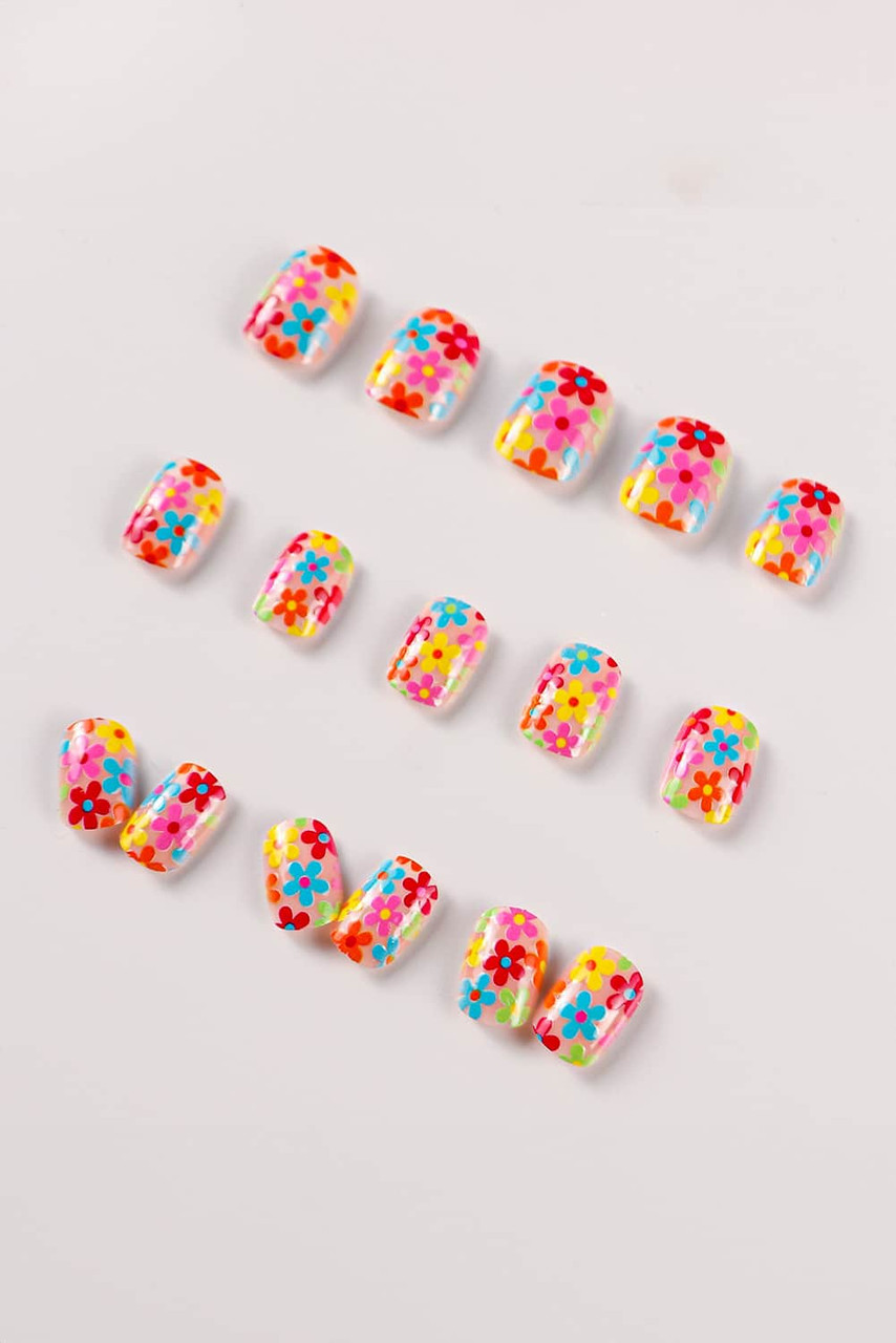 Pink 24pcs Cute Flowers Print Press On False Nails