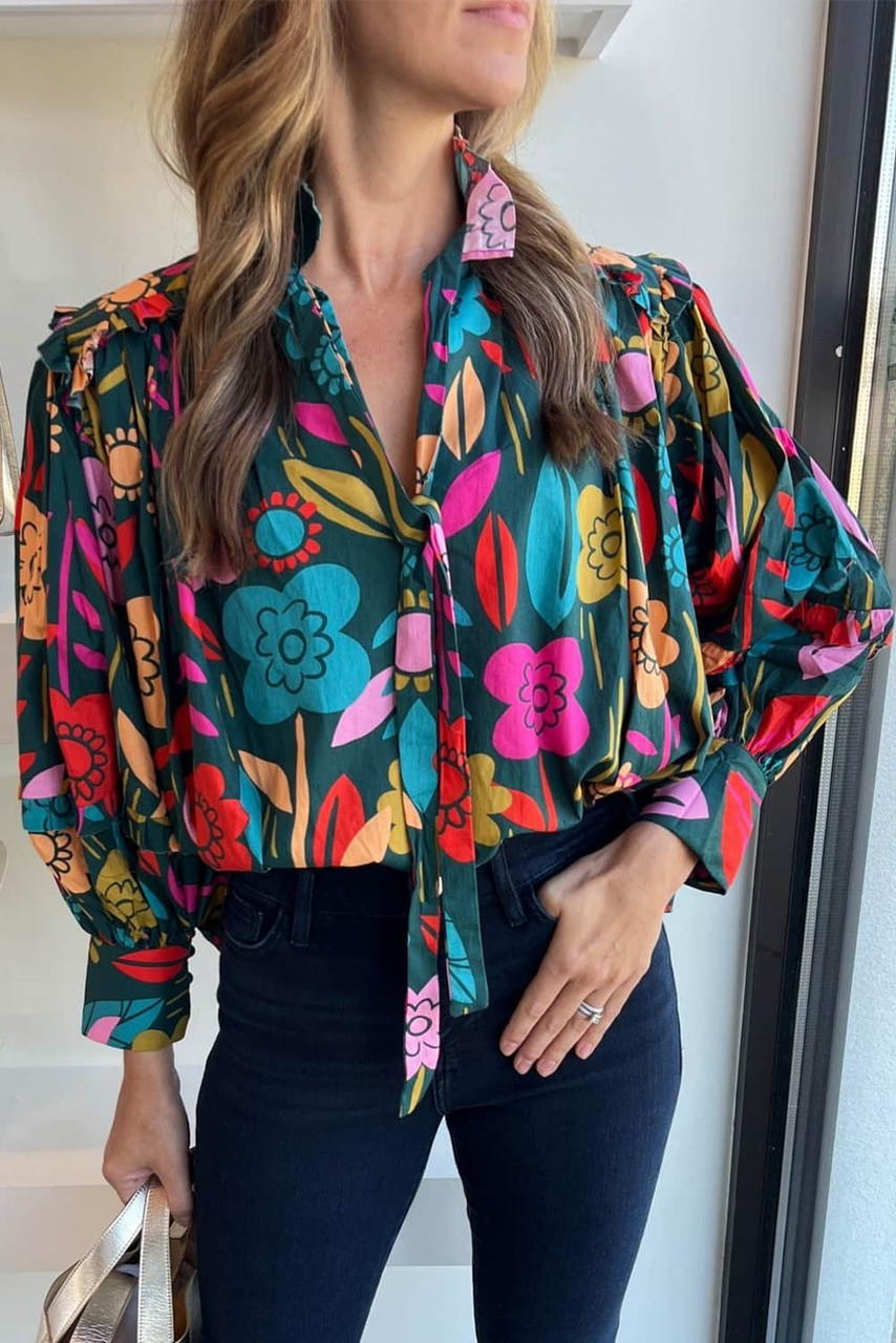 Green Floral Knot Split Neck Puff Sleeve Blouse Green Floral Knot Split Neck Puff Sleeve Blouse