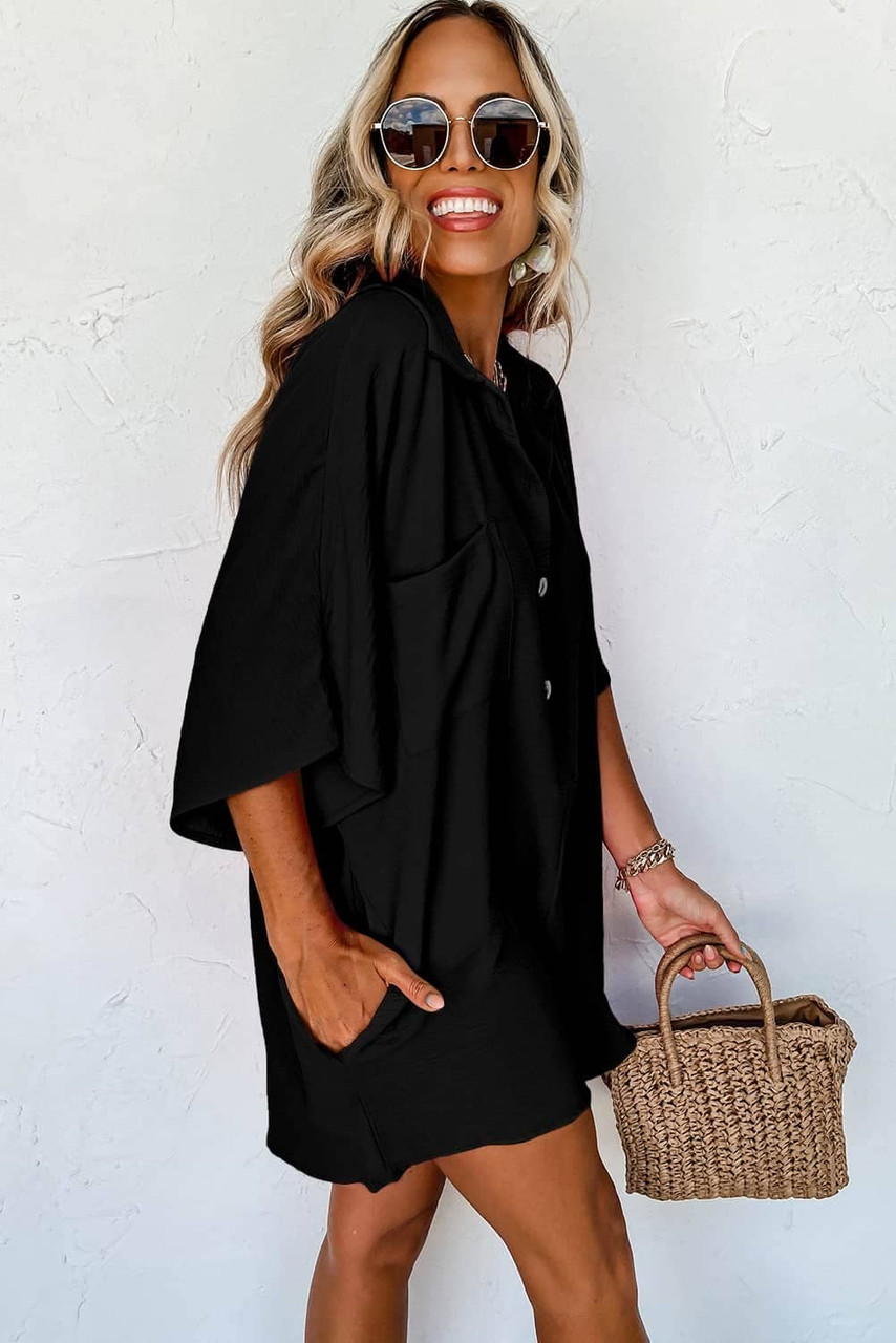 Black Half Button Collared Loose Romper Black Half Button Collared Loose Romper