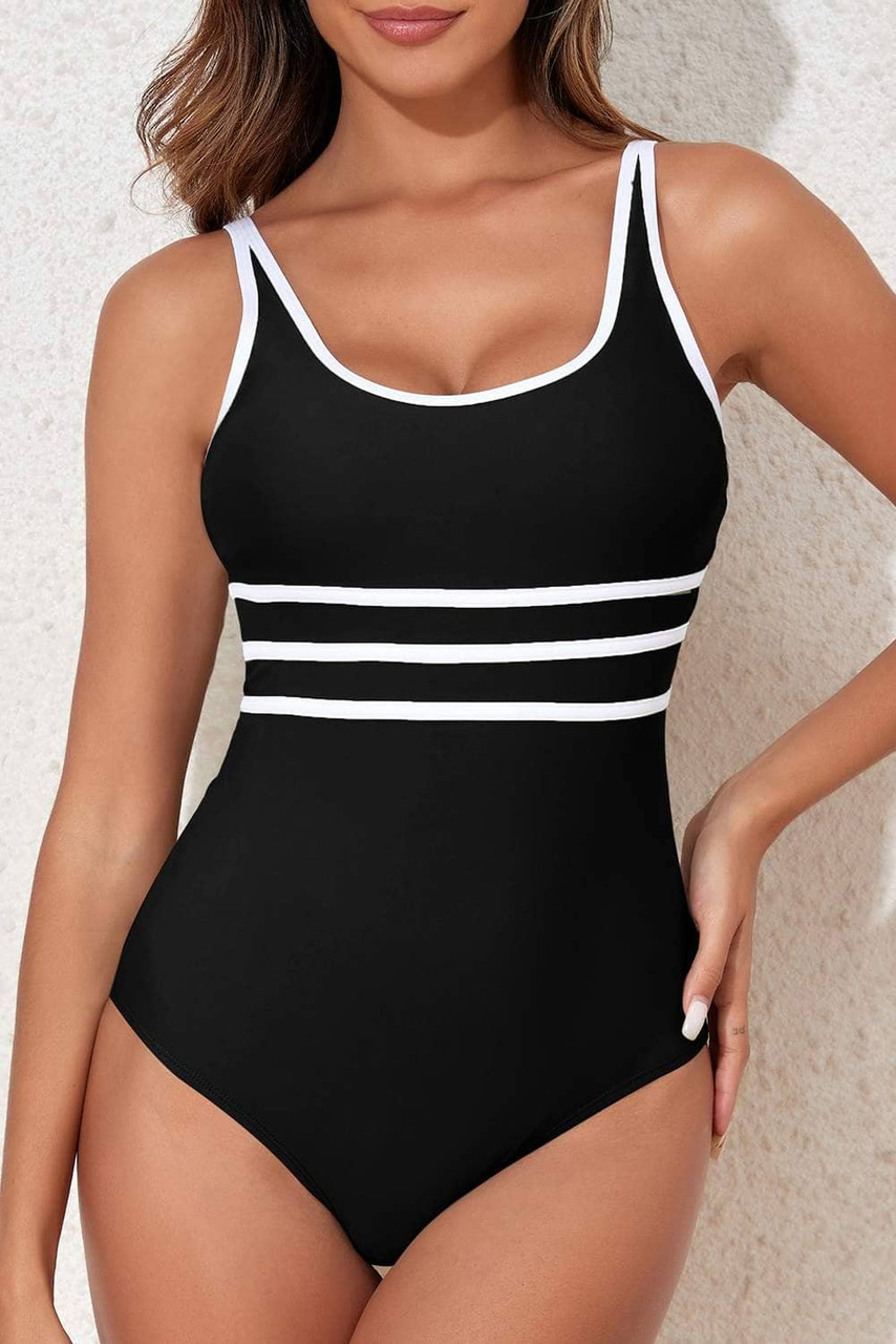 Black Contrast Trim Colorblock U Neck One Piece Swimwear Black Contrast Trim Colorblock U Neck One Piece Swimwear