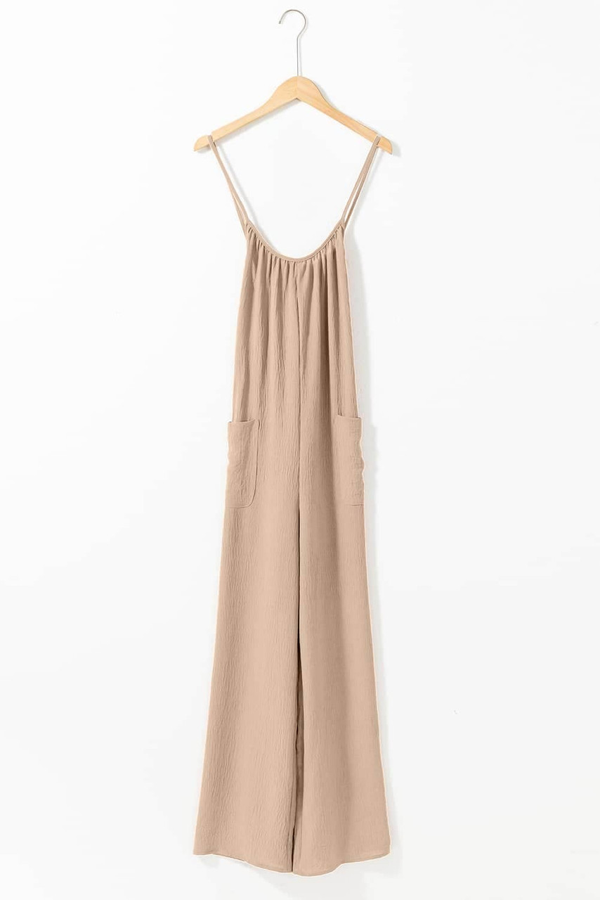Apricot Spaghetti Straps Waist Tie Wide Leg Jumpsuit with Pockets Apricot Spaghetti Straps Waist Tie Wide Leg Jumpsuit with Pockets