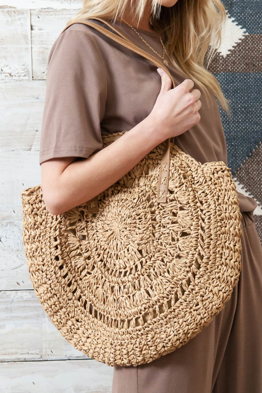 Camel Bohemian Straw Woven Round One Shoulder Bag