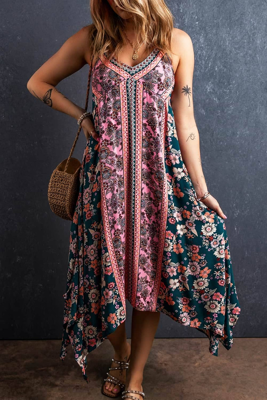 Pink Bohemian Floral Patchwork Print Long Sundress Pink Bohemian Floral Patchwork Print Long Sundress