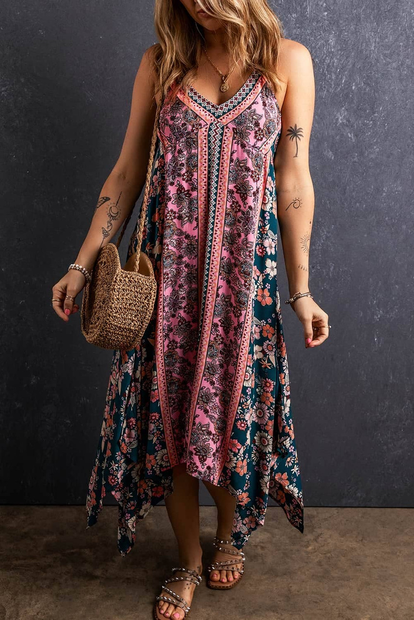 Pink Bohemian Floral Patchwork Print Long Sundress Pink Bohemian Floral Patchwork Print Long Sundress