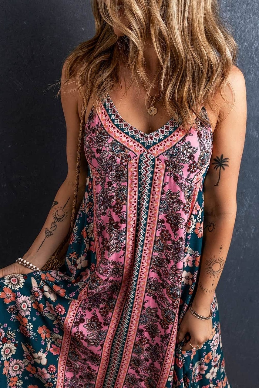 Pink Bohemian Floral Patchwork Print Long Sundress Pink Bohemian Floral Patchwork Print Long Sundress