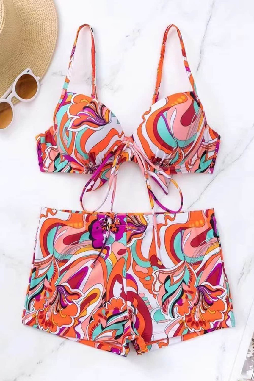 Orange Floral Graffiti Lace-up Bralette Shorts Two Piece Bikini