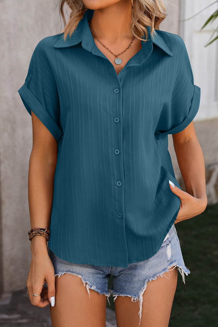 Real Teal Striped Texture Cuffed Short Sleeve Shirt