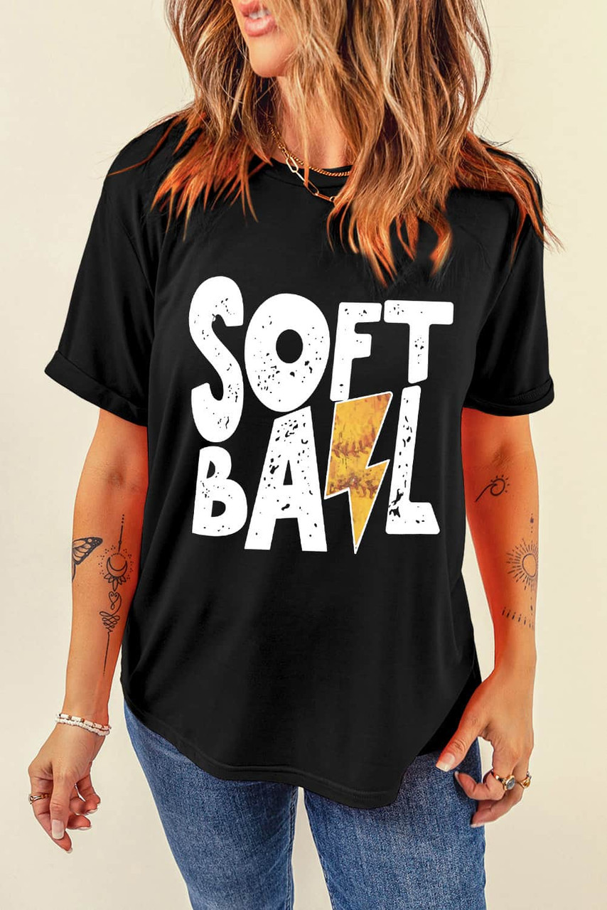 Black SOFT BALL Chic Letter Graphic T Shirt