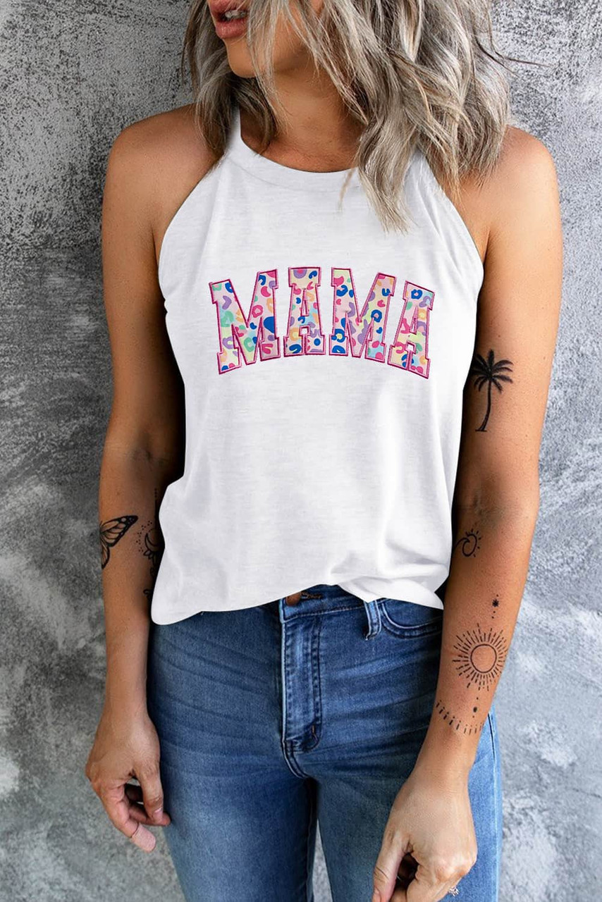 White Chic Leopard MAMA Letter Embroidered Tank Top