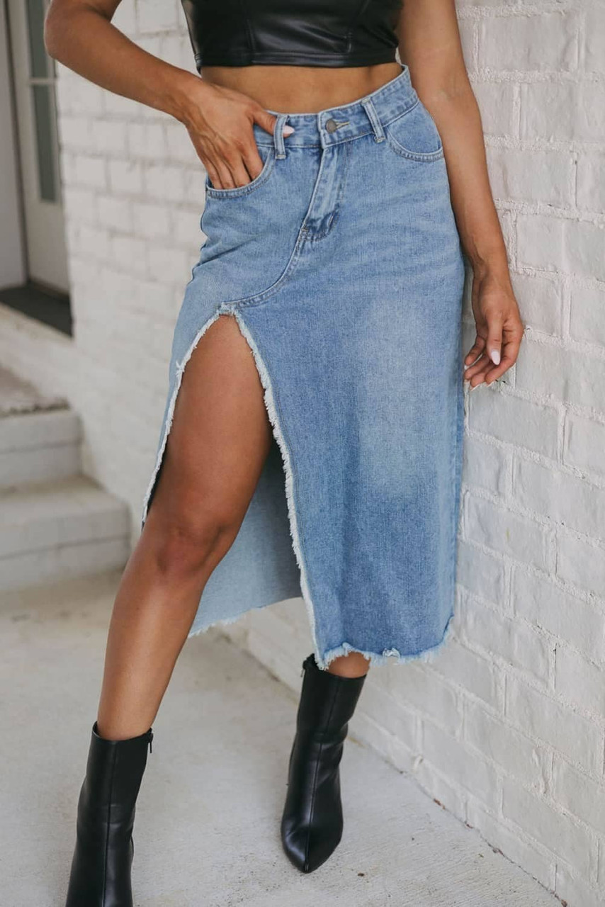 Light Blue Frayed Slit Asymmetric Denim Midi Skirt Light Blue Frayed Slit Asymmetric Denim Midi Skirt