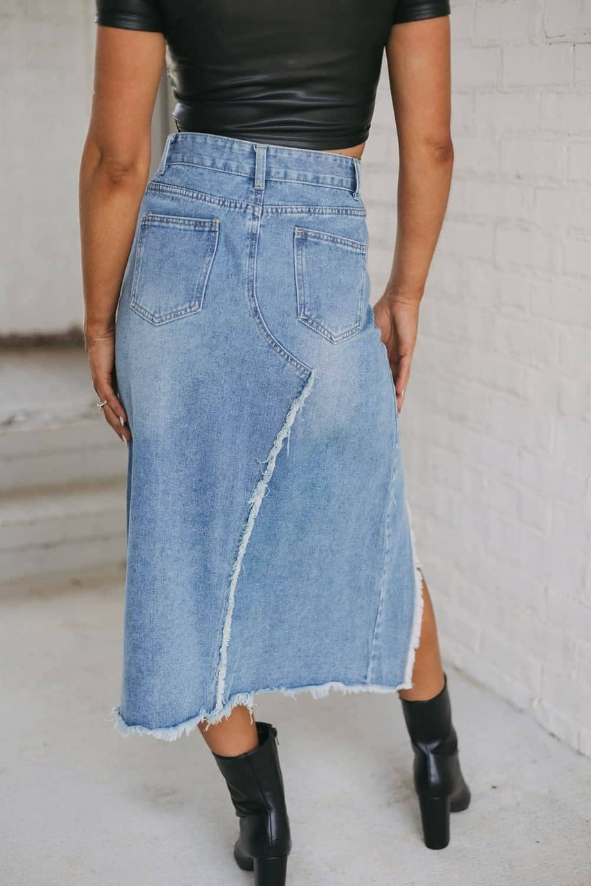 Light Blue Frayed Slit Asymmetric Denim Midi Skirt Light Blue Frayed Slit Asymmetric Denim Midi Skirt