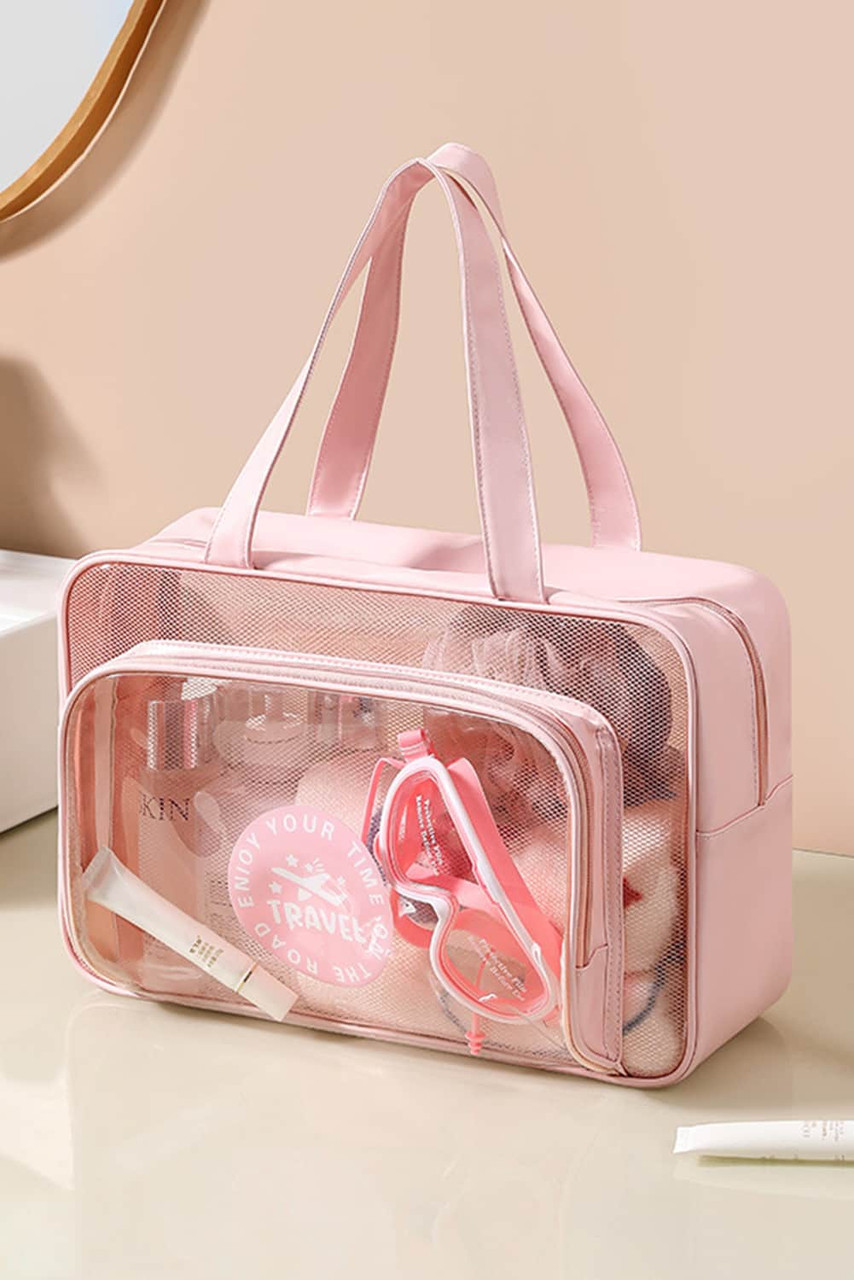 Pink Waterproof Multi Pockets Transparent Travel Makeup Bag