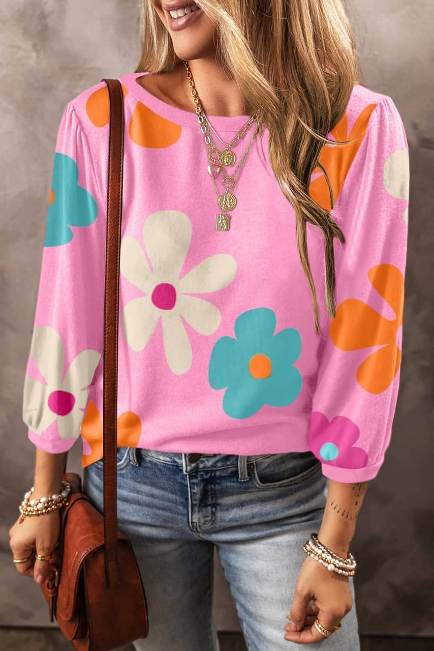 Rose Cute Flower Print Bracelet Sleeve Top Rose Cute Flower Print Bracelet Sleeve Top
