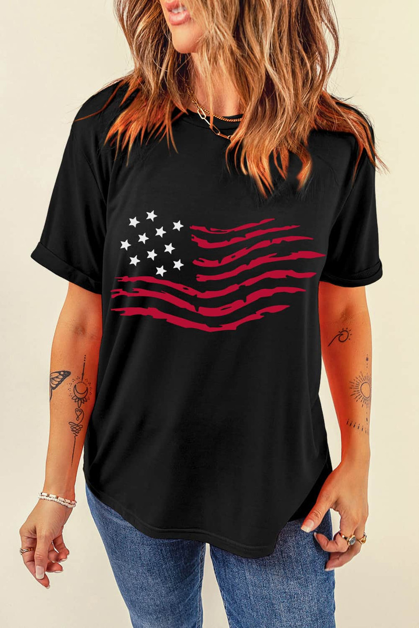 Black American Flag Graphic Crew Neck T Shirt