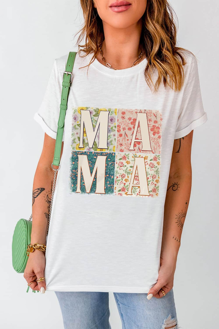 White MAMA Floral Block Graphic Casual T Shirt