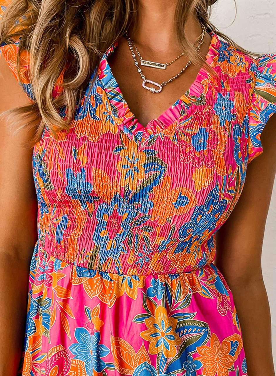 Rose Red Floral Print Smocked Ruffle Trim Flutter Sleeve Blouse Rose Red Floral Print Smocked Ruffle Trim Flutter Sleeve Blouse