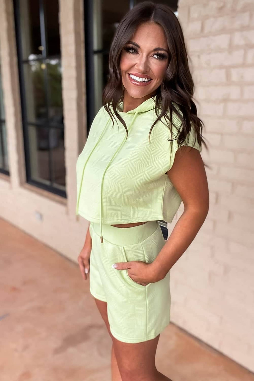 Meadow Mist Green Textured Cropped Hoodie and Shorts Set Meadow Mist Green Textured Cropped Hoodie and Shorts Set