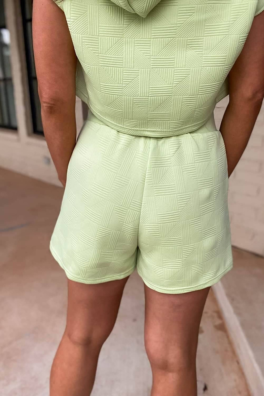 Meadow Mist Green Textured Cropped Hoodie and Shorts Set Meadow Mist Green Textured Cropped Hoodie and Shorts Set