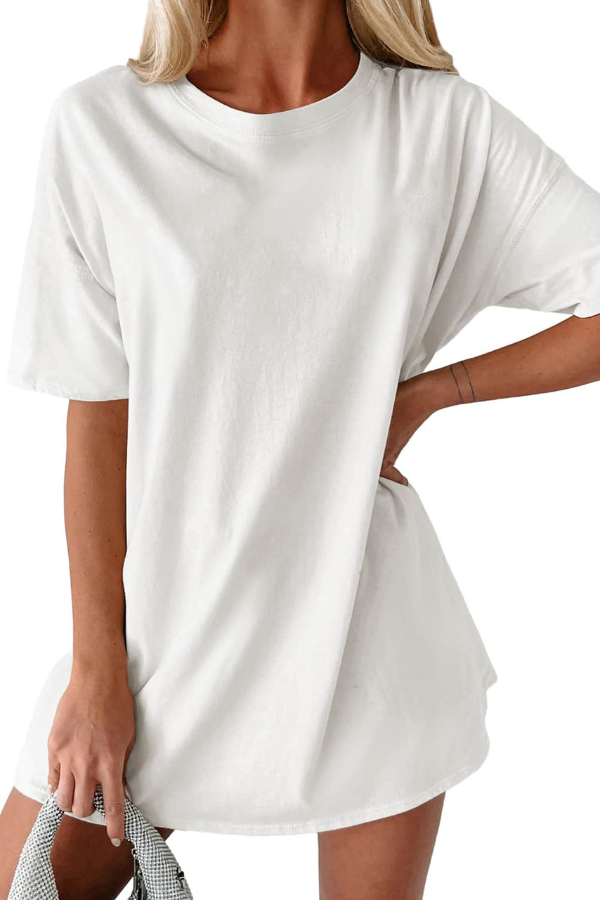 White Solid Color Round Neck Basic Tunic T Shirt