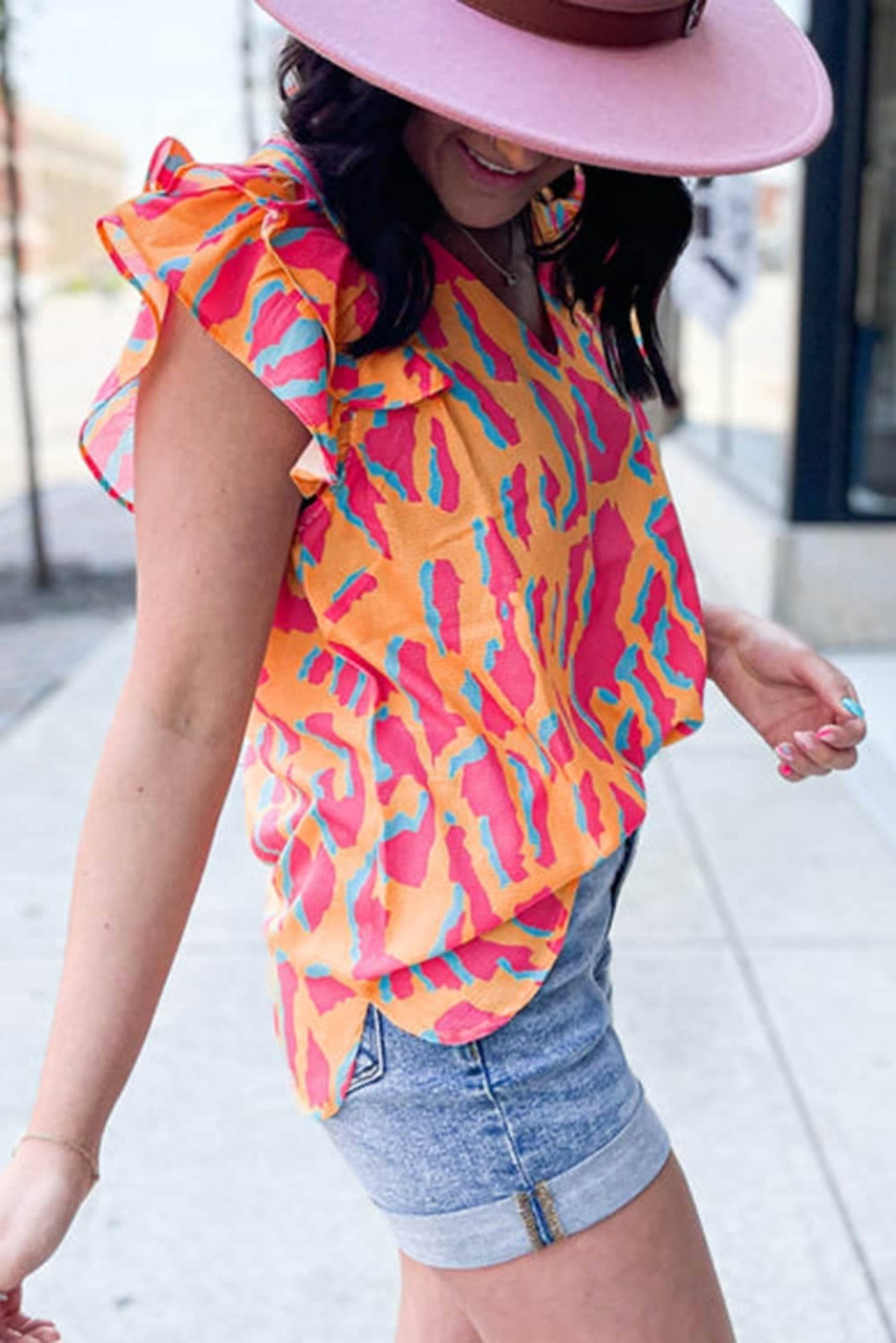 Orange Abstract Print V Neck Ruffled Sleeve Blouse Orange Abstract Print V Neck Ruffled Sleeve Blouse