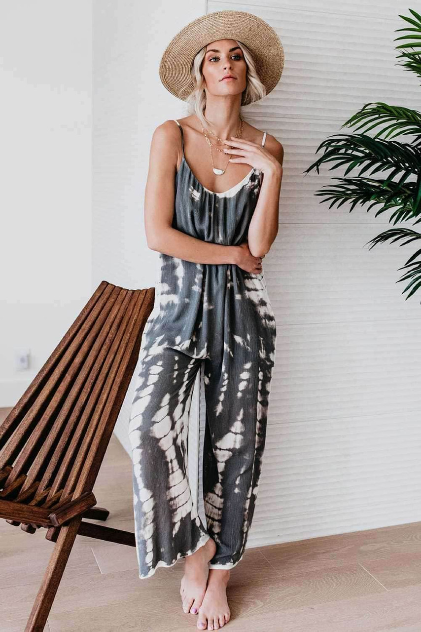 Spaghetti Strap Tie Dye Baggy Long Pants Romper