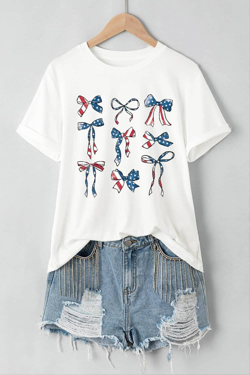 White American Flag Pattern Bowknot Graphic Tee