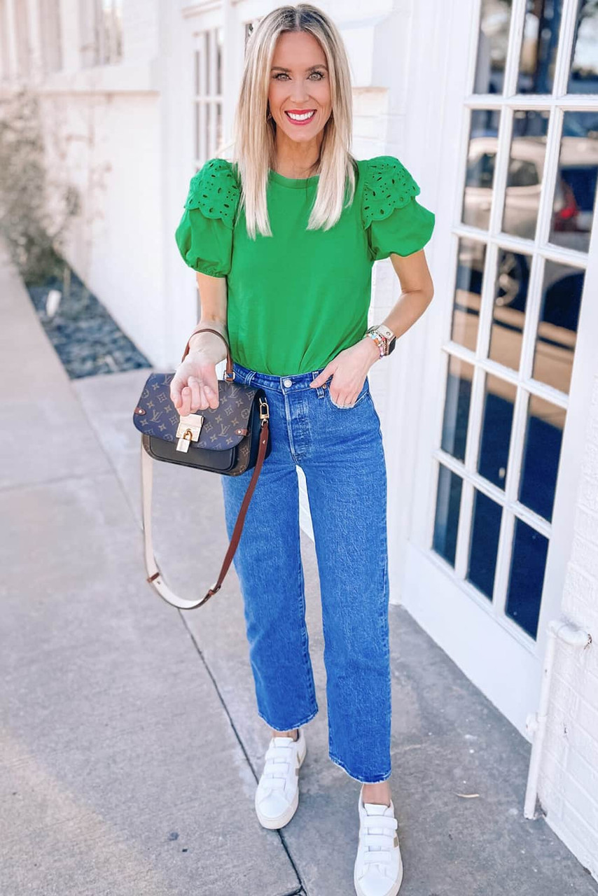 Bright Green Anglaise Embroidered Puff Short Sleeve Top