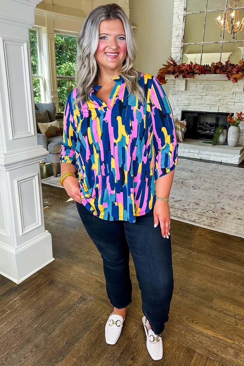 Blue Plus Size Brushstroke Print 3/4 Sleeve Blouse