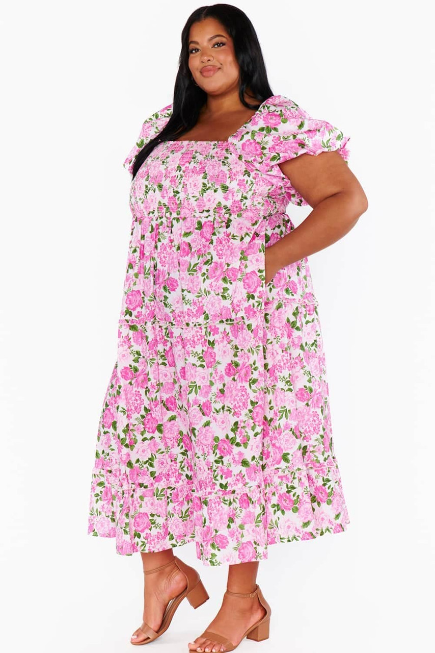 Pink Plus Size Floral Print Smocked Puff Sleeve Dress Pink Plus Size Floral Print Smocked Puff Sleeve Dress