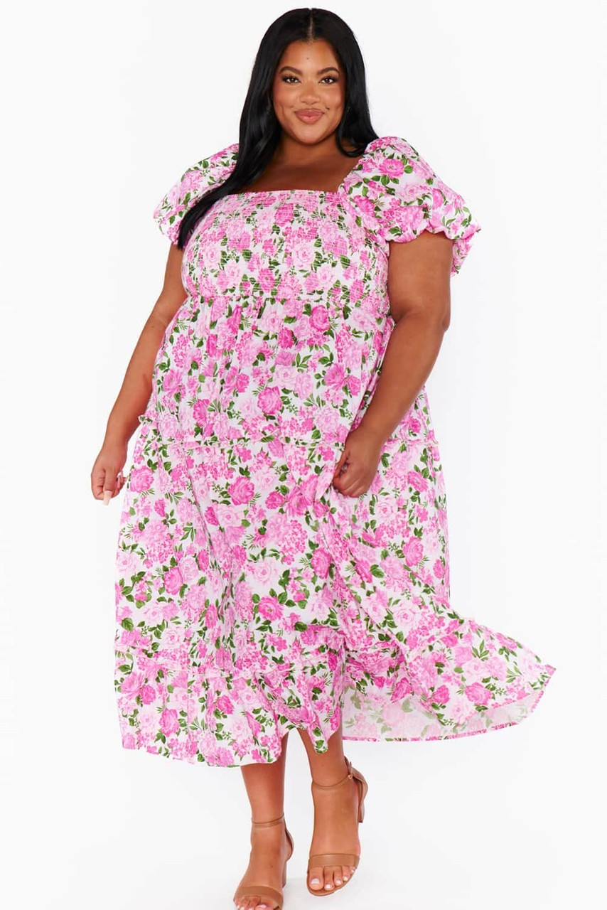 Pink Plus Size Floral Print Smocked Puff Sleeve Dress Pink Plus Size Floral Print Smocked Puff Sleeve Dress