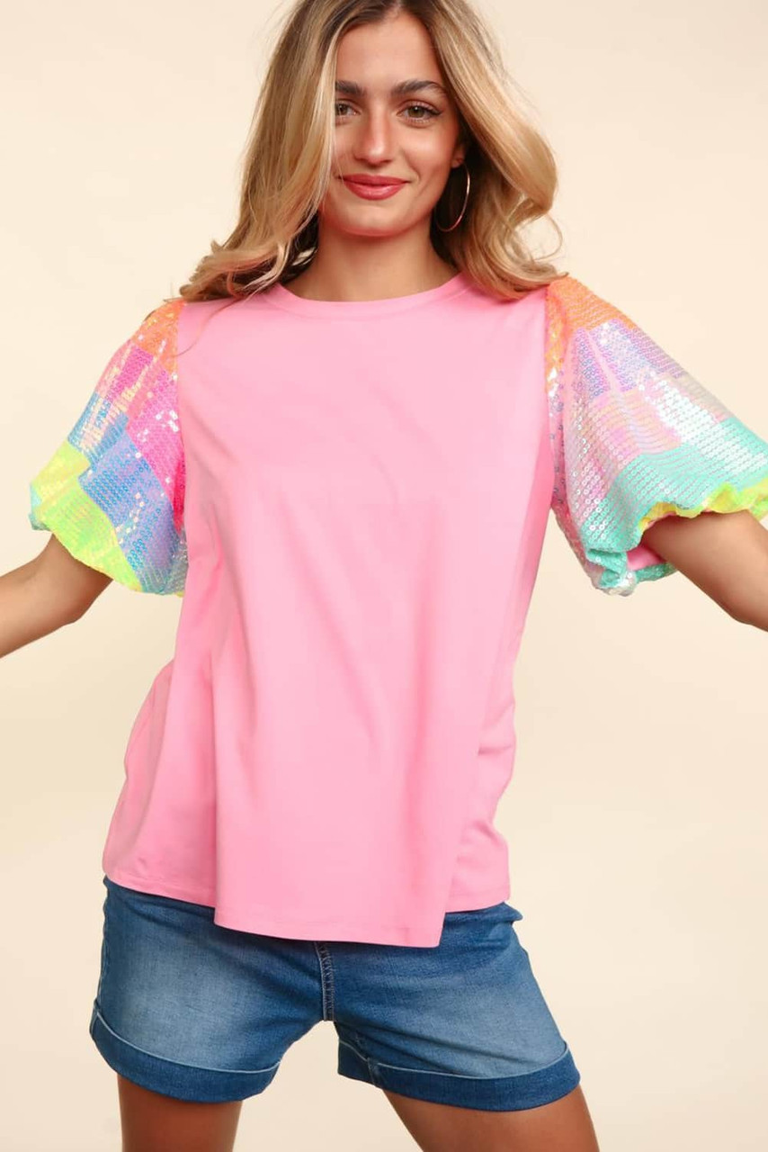 Pink Sequin Colorblock Striped Puff Sleeve Top