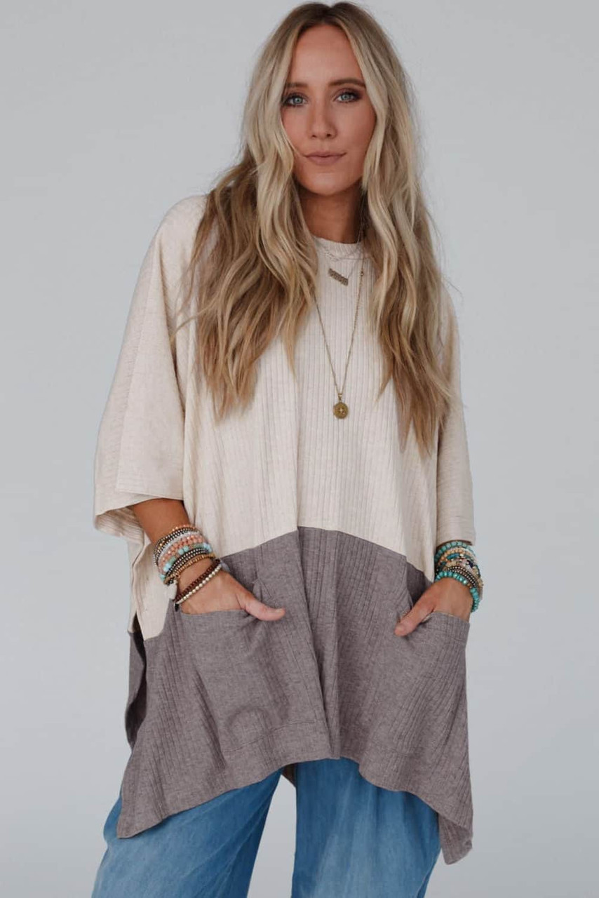 Pale Khaki Color Block Ribbed Knit Split Side Poncho