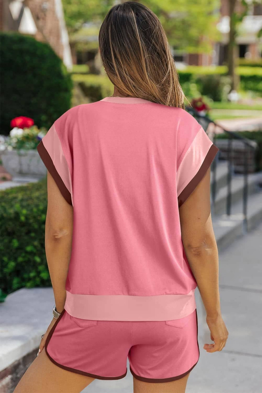 Peach Blossom Contrast Trim Cap Sleeve Tee Shorts Set