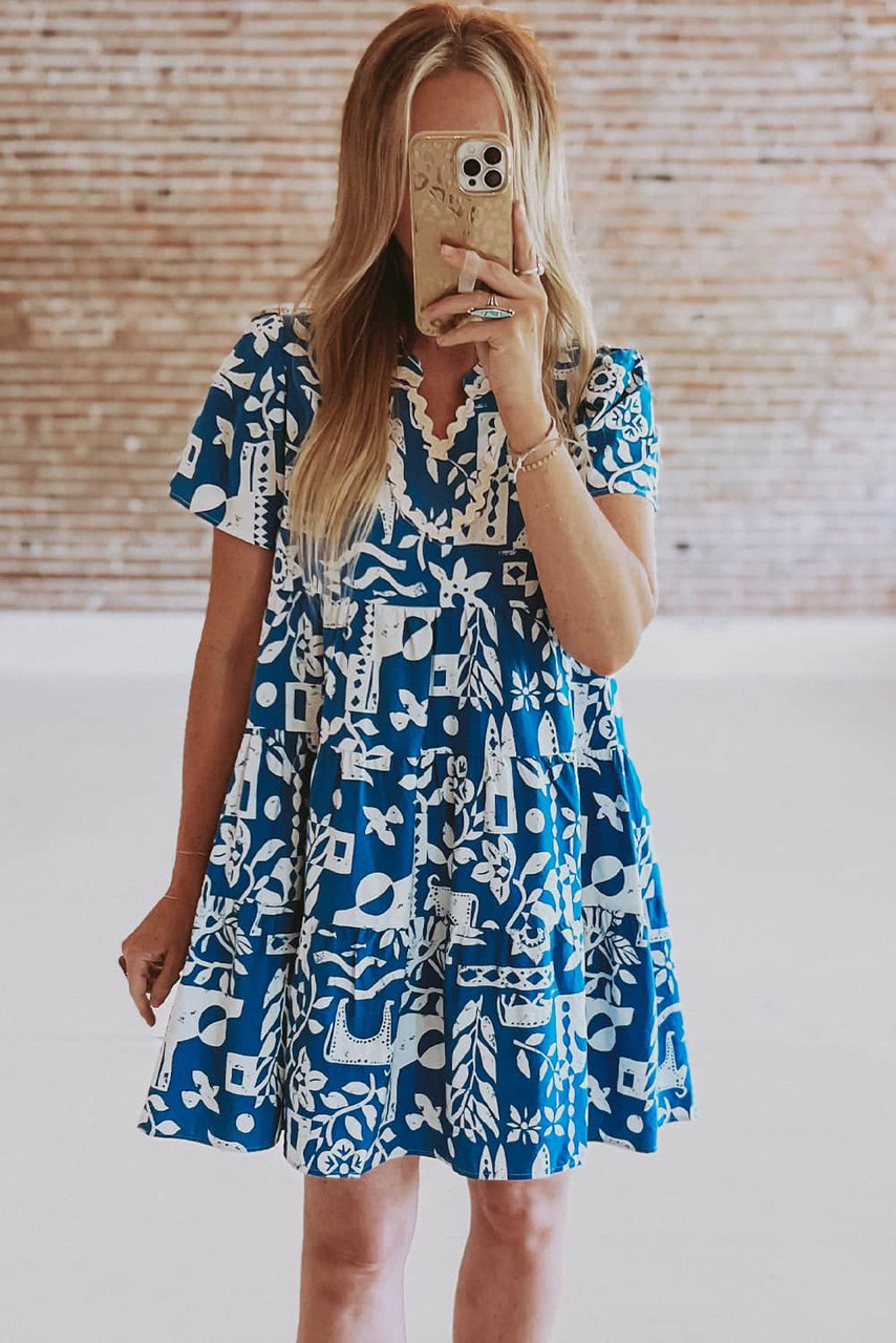 Blue Ricrac Trim Split Neck Floral Loose Dress