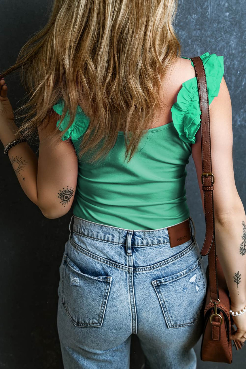 Mint Green Ruffled Wide Straps Slim Tank Top