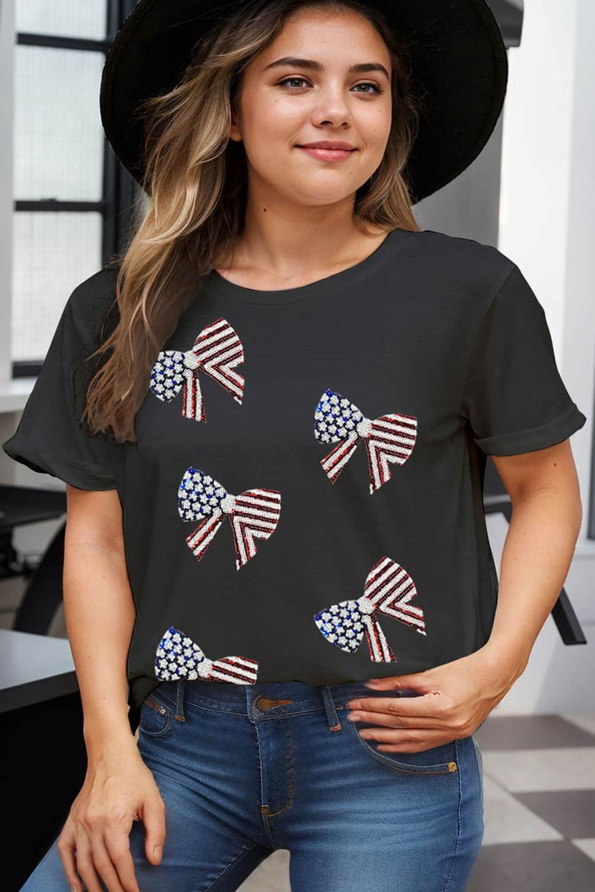 Black Sequined American Flag Bow Knot Plus Size Top