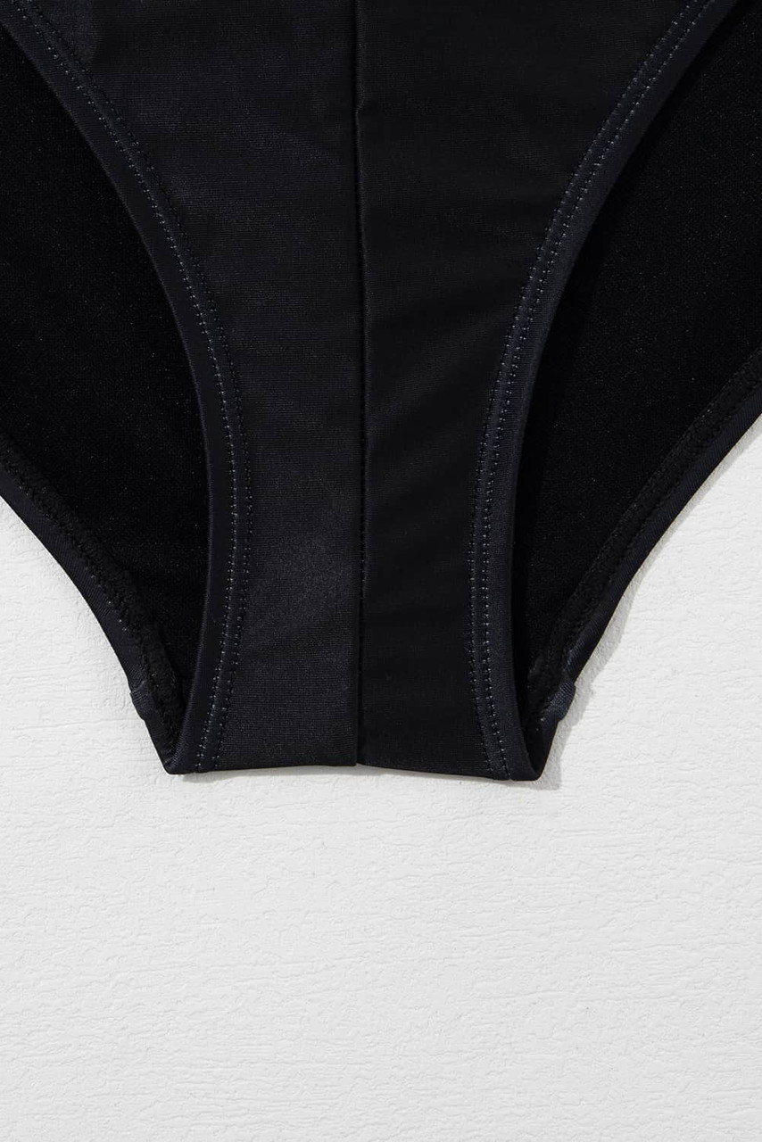 Black Petal Print Crisscross Back Spaghetti Straps Swimsuit